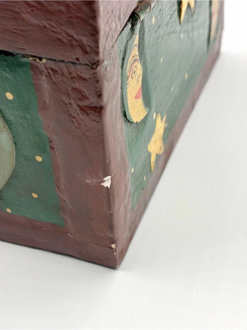Vintage Folk Art Celestial Sun Moon Yin Yang Wooden Trinket Box